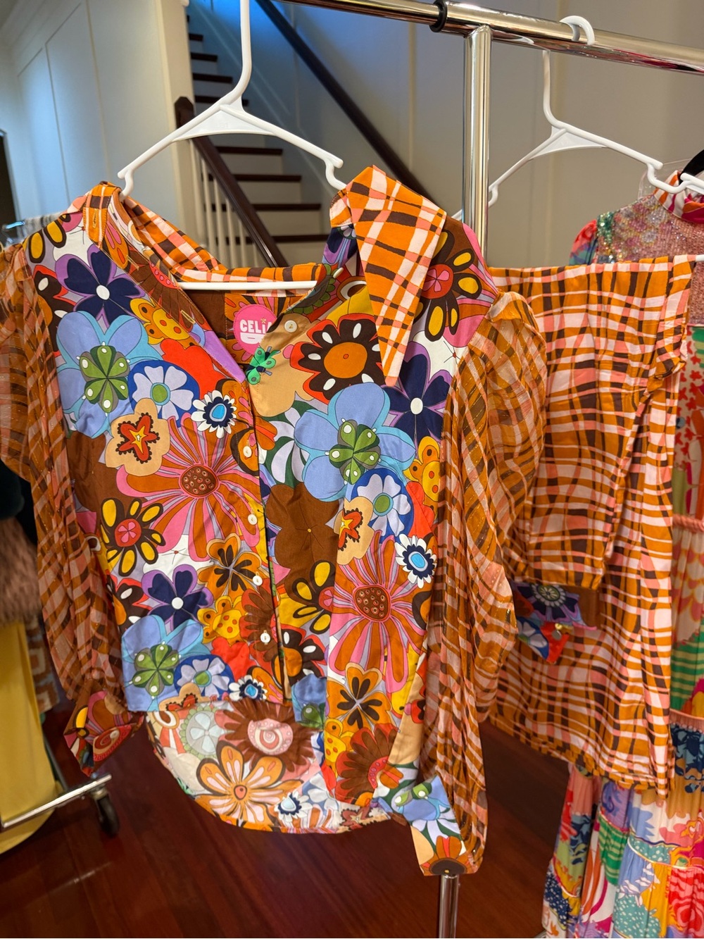 CeliaB Orange Floral & Brown Plaid Button-Front Top
